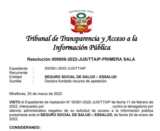 Tribunal de Transparencia declara fundada apelación de Centro Liber contra Essalud