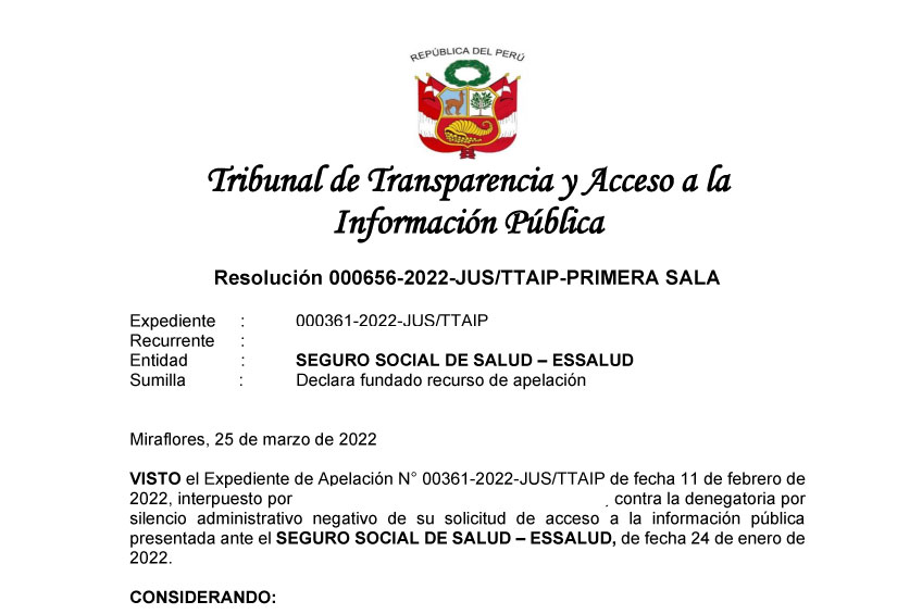 Tribunal de Transparencia declara fundada apelación de Centro Liber contra Essalud