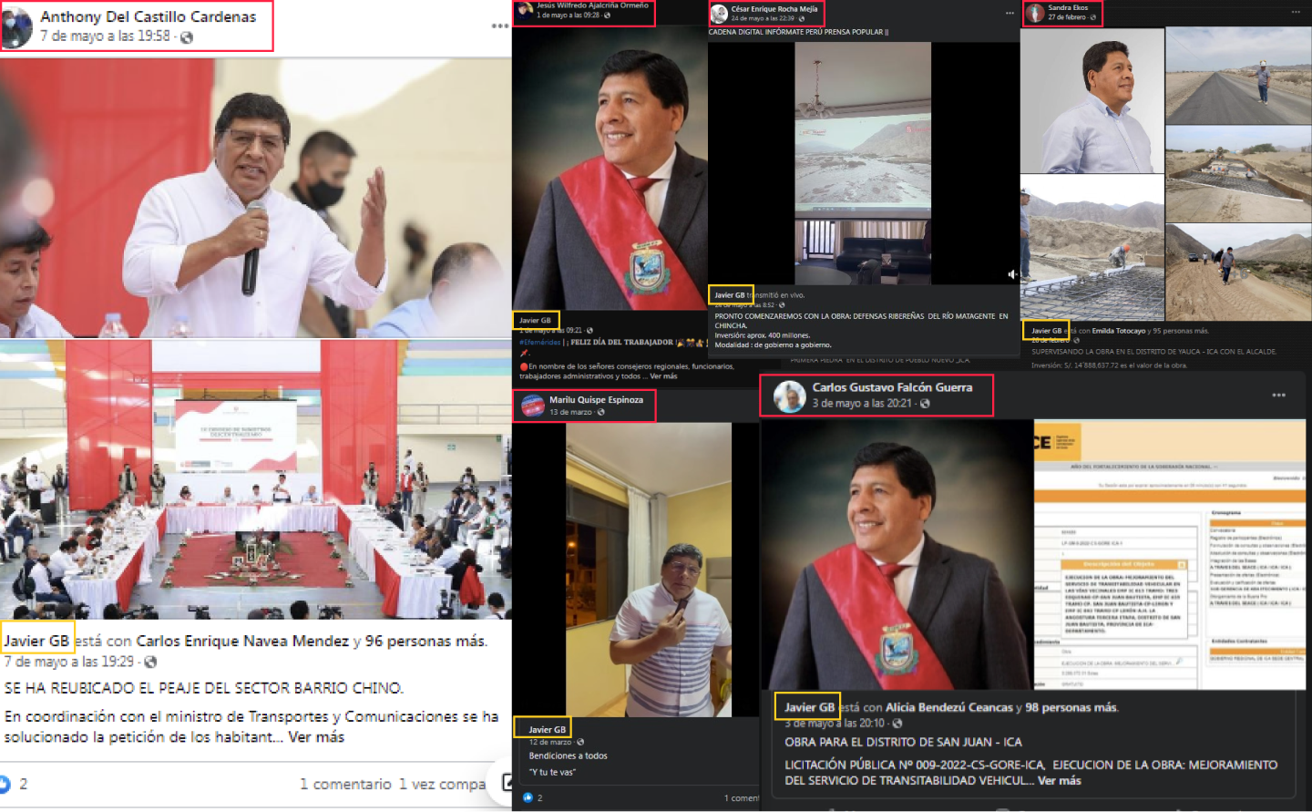 Capturas de pantalla de redes sociales de los periodistas que muestran publicaciones compartidas desde la cuenta personal de Javier Gallegos. Las cuentas pertenecen a los periodistas Anthony del Castillo, Jesús Ajalcriña, César Rocha, Sandra Ecos, Marilú Quispe y Carlos Falcón.