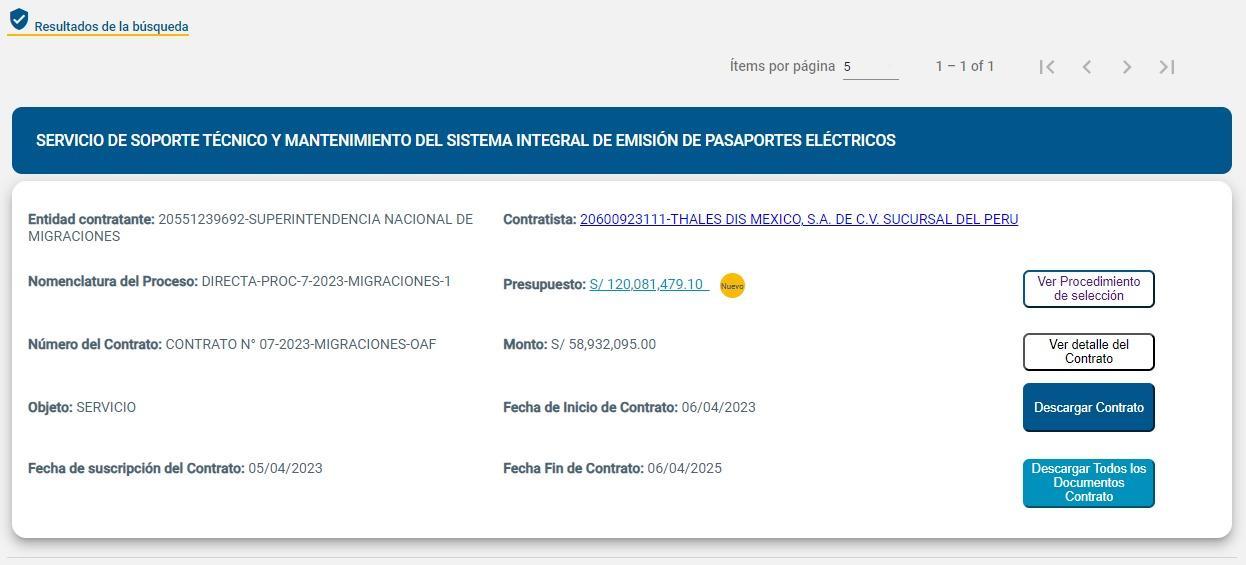 REGISTRO. Contratos entre Migraciones y Thales Dis México registrados en el Sistema Electrónico de Contrataciones del Estado (SEACE).