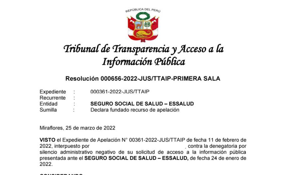 Tribunal de Transparencia declara fundada apelación de Centro Liber contra Essalud